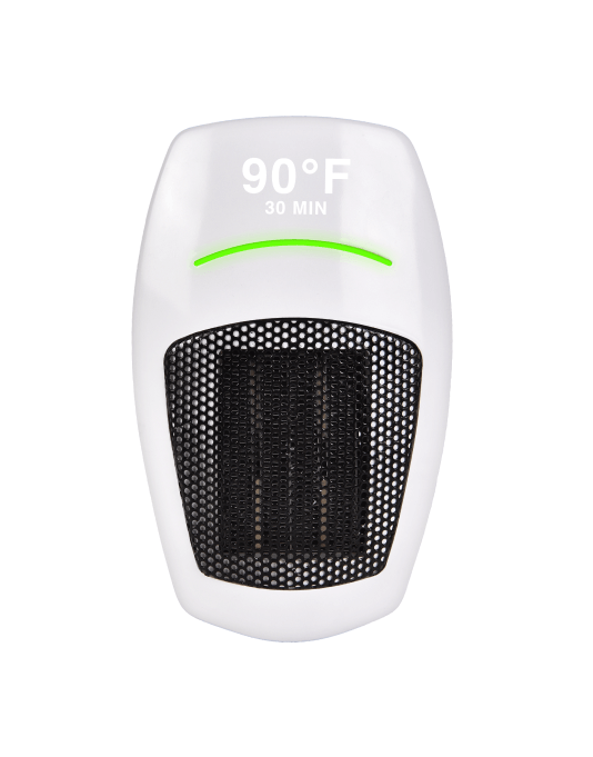 White ceramic plug-in heater with a display reading 90 degrees and 30 minutes.
